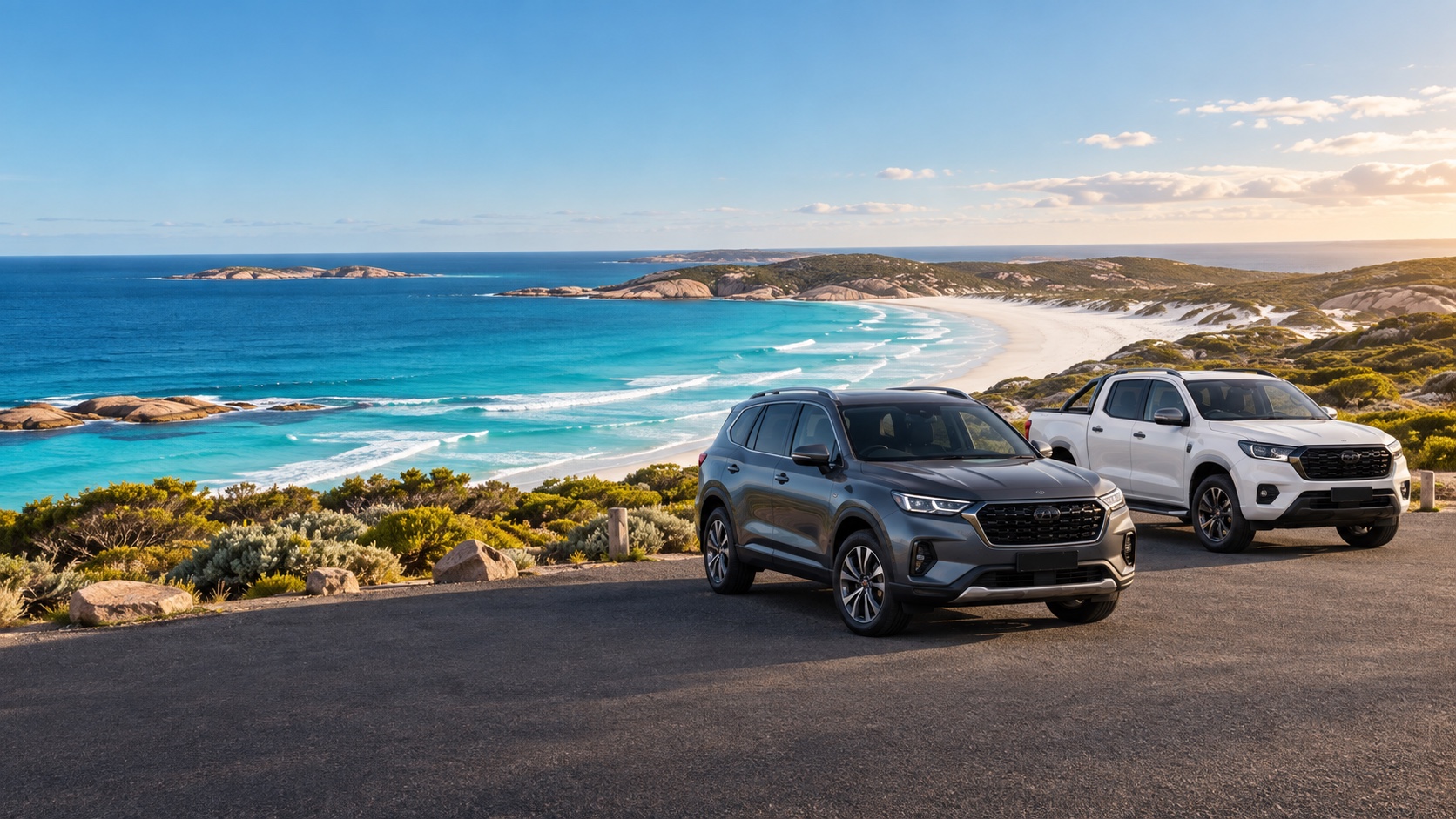 An SUV and ute overlooking the turquoise water and white sand of the Western Australian coast